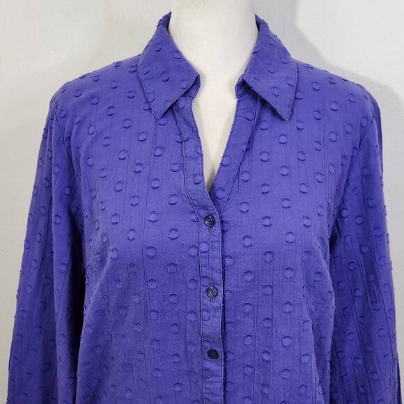 Denim & Co. Purple Swiss Dot Blouse Size Small Purple Button Down Top - Picture 2 of 7